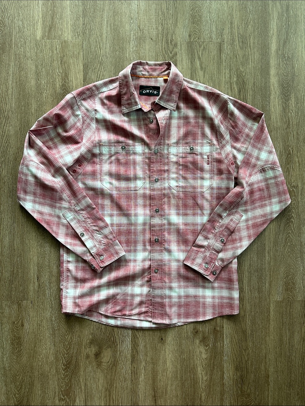 Orvis Tech Chambray Work Button Front Long Sleeve Shirt Red & White Plaid Medium
